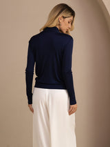 [Dark Blue] SilkSilky-CA Long Sleeve Wrap Women's Blouse 002