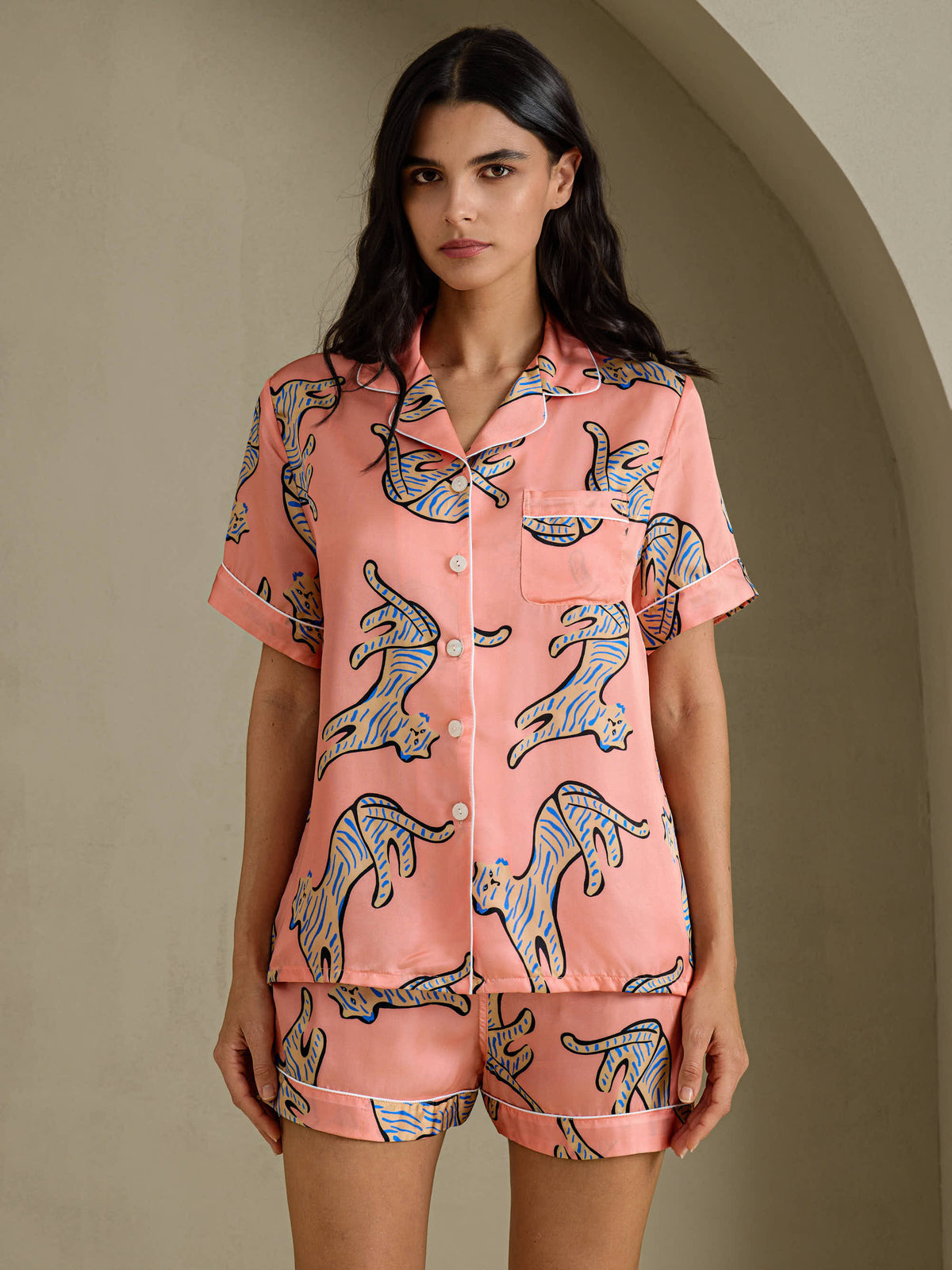 [Pink Cat] SilkSilky-CA Short Sleeve Lapel Collar Women's Pajamas 001