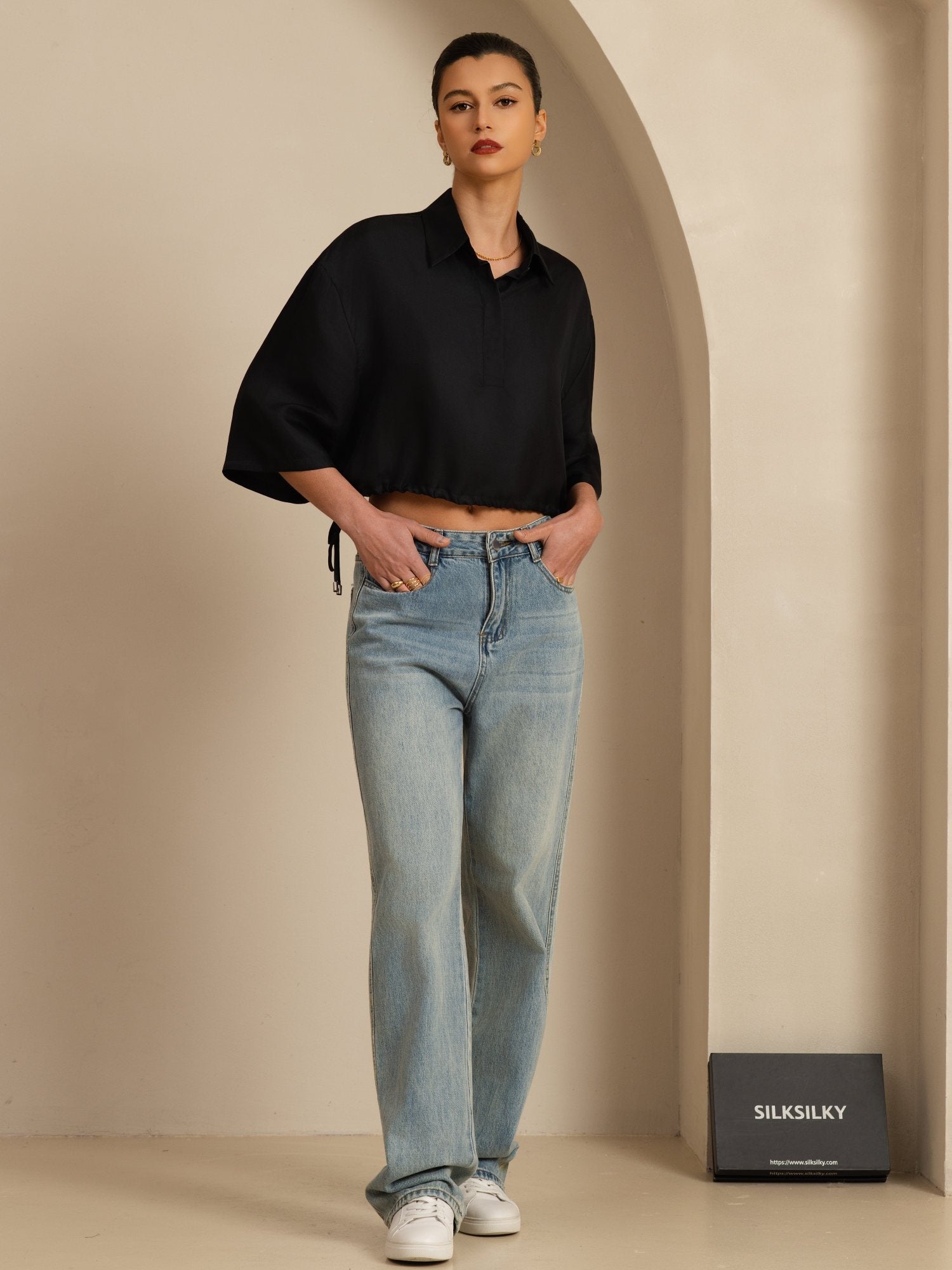 [Black] SilkSilky-CA 18Momme Silk Satin Surah Half Sleeve Lapel Collar Blouse 007