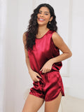 SilkSilky-CA Pure Silk Sleeveless Round Neck Women's Pajamas Wine 004