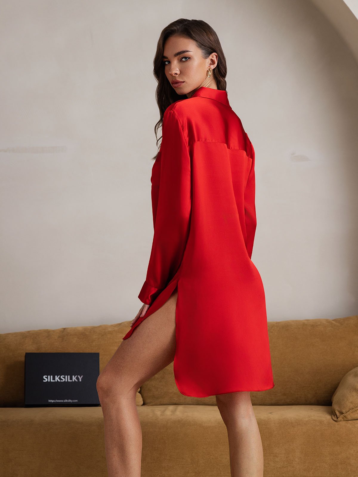 [Red] SilkSilky-CA Pure Silk Split Nightgown 002