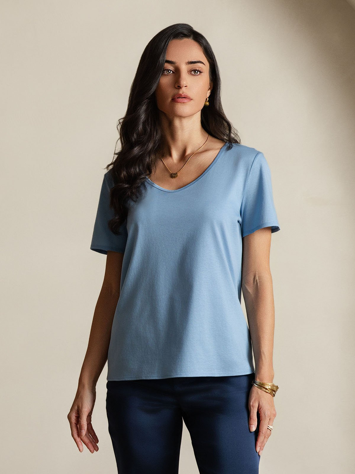 SilkSilky-CA Silk Short Sleeve V Neck Women's T-Shirt Blue 004