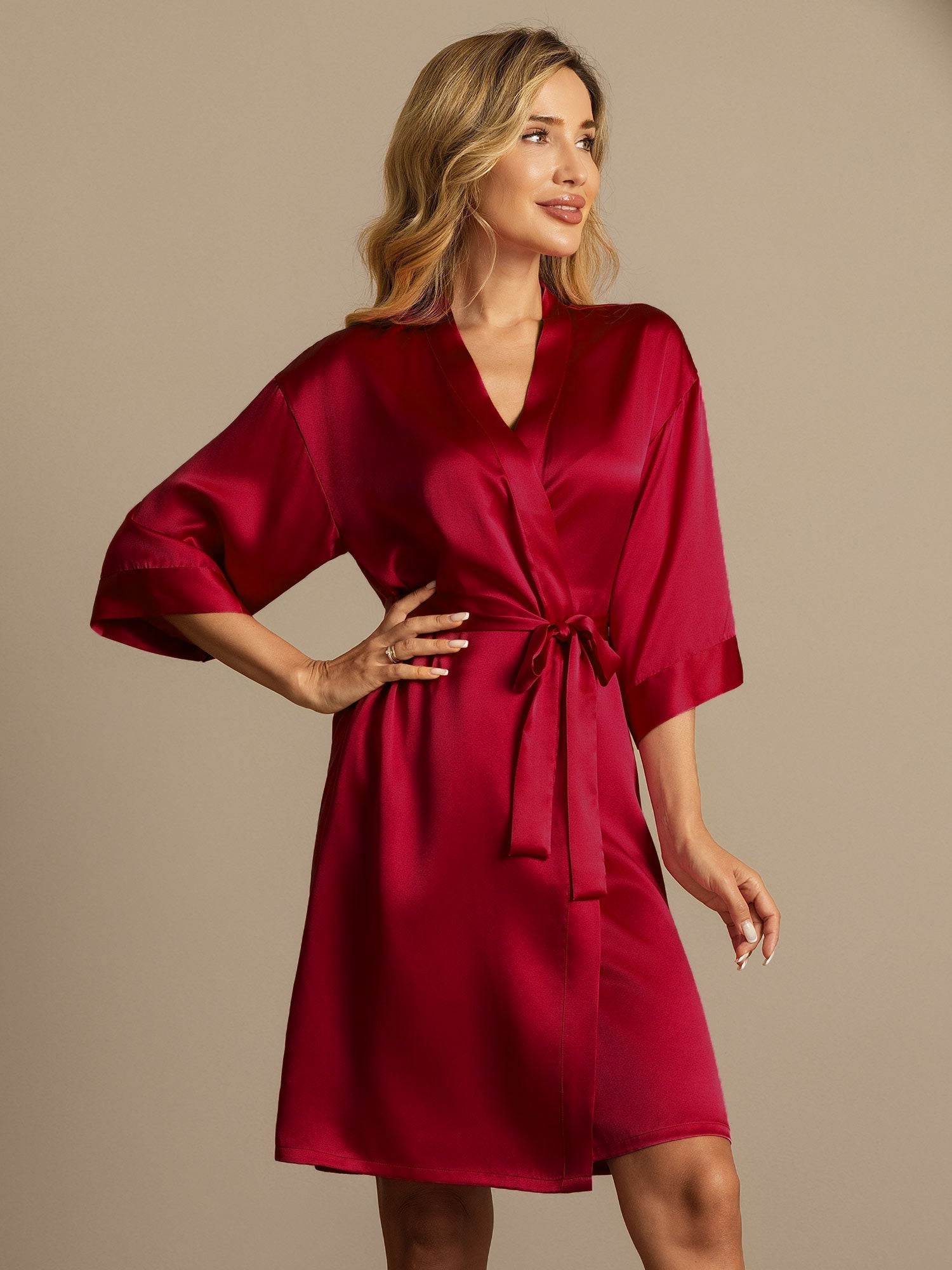 [Wine] SilkSilky-CA Pure Silk 3/4 Sleeve Wrap Women's Robe 003