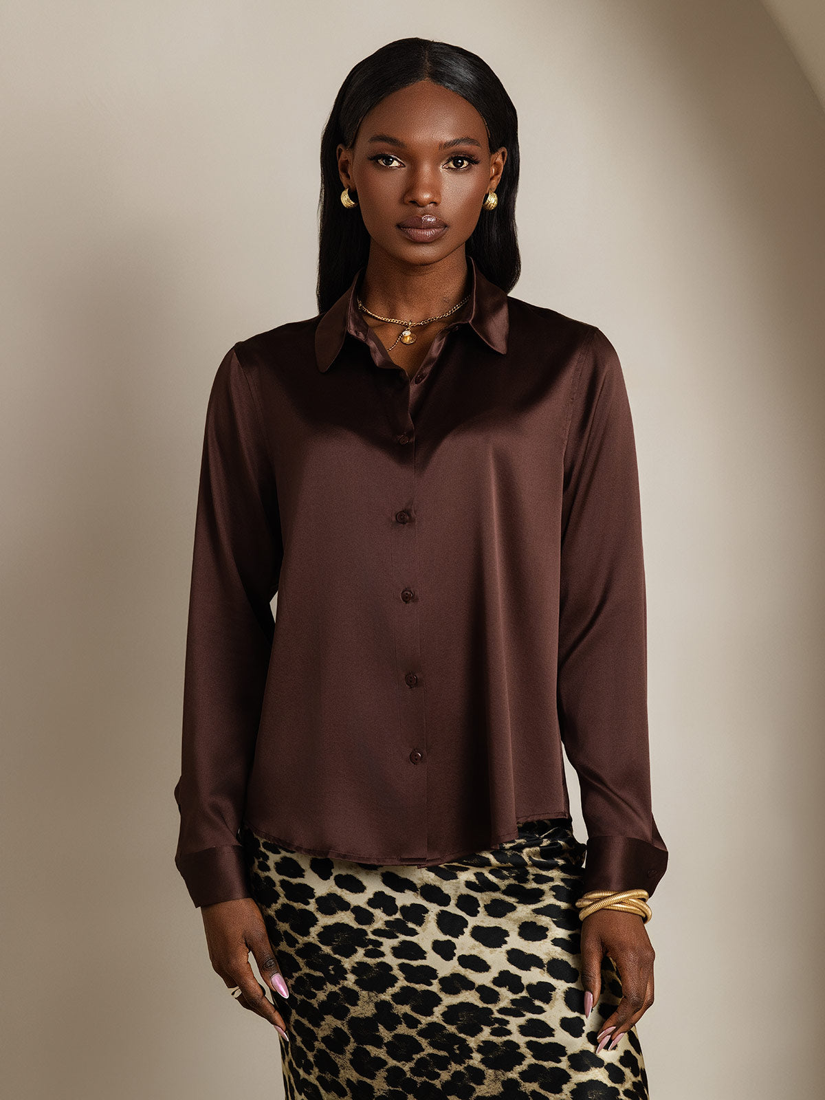 [Bitter Chocolate] SilkSilky-CA 19Momme Stretch Silk Charmeuse Long Sleeve Lapel Collar Women's Shirt 004