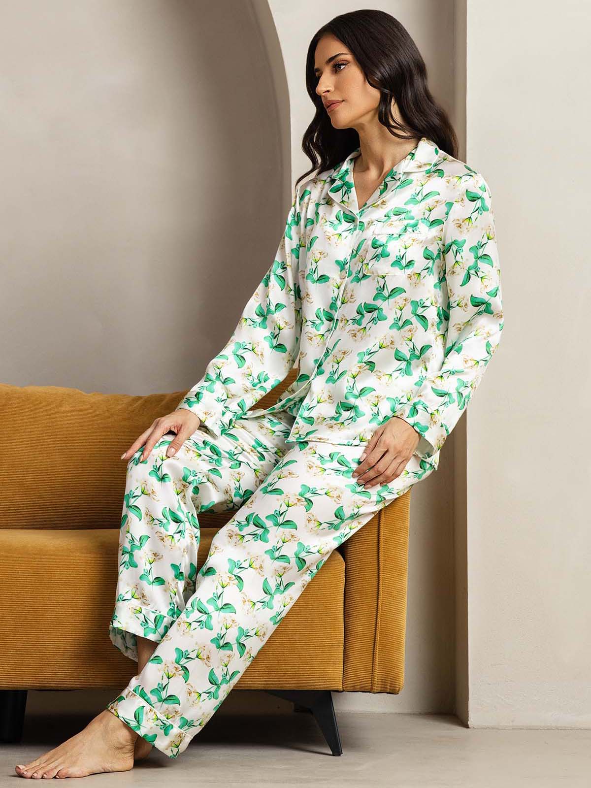 [Green Floral] SilkSilky-CA Pure Silk Womens Pajamas 005