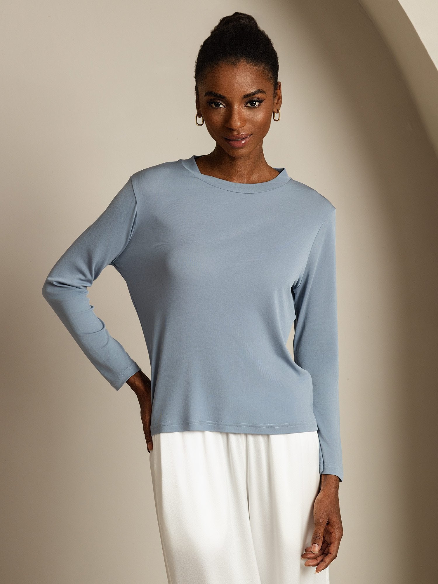 [GrayishBlue] SilkSilky-CA Pure Silk Round Neck Women's T-Shirt 003