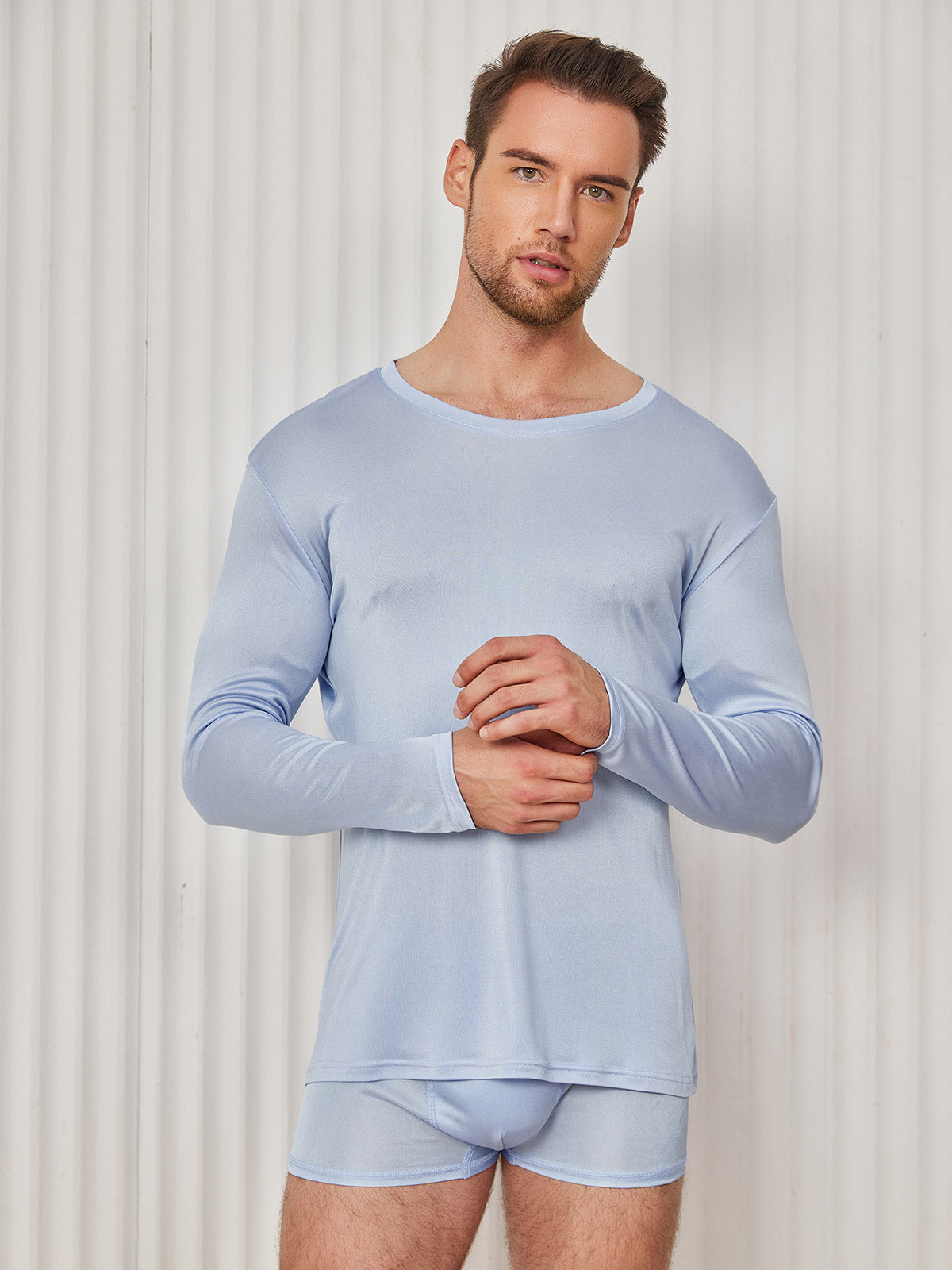 SilkSilky CA Silk Knitted Long Sleeve Round Neck Men's T Shirt LightBlue 003