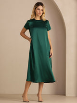 [Dark Green] SilkSilky-CA Short Sleeve Round Neck Dress 003