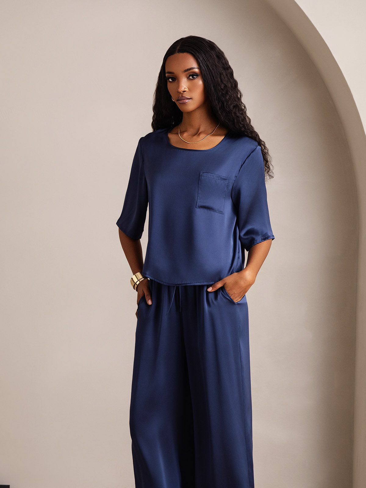 [Dark Blue] SilkSilky-CA Pure Silk Round Neck Women's Pajamas 003