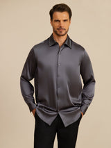 [Dark Gray] SilkSilky-CA 19Momme Stretch Silk Charmeuse Long Sleeve Lapel Collar Men's Shirt 003