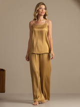 [Tan] SilkSilky-CA 19Momme Machine-Washable Silk Spaghetti Strap Scoop Neck Camisole Set 007