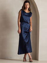 [Dark Blue] SilkSilky-CA 19Momme Stretch Silk Charmeuse Skirt 008