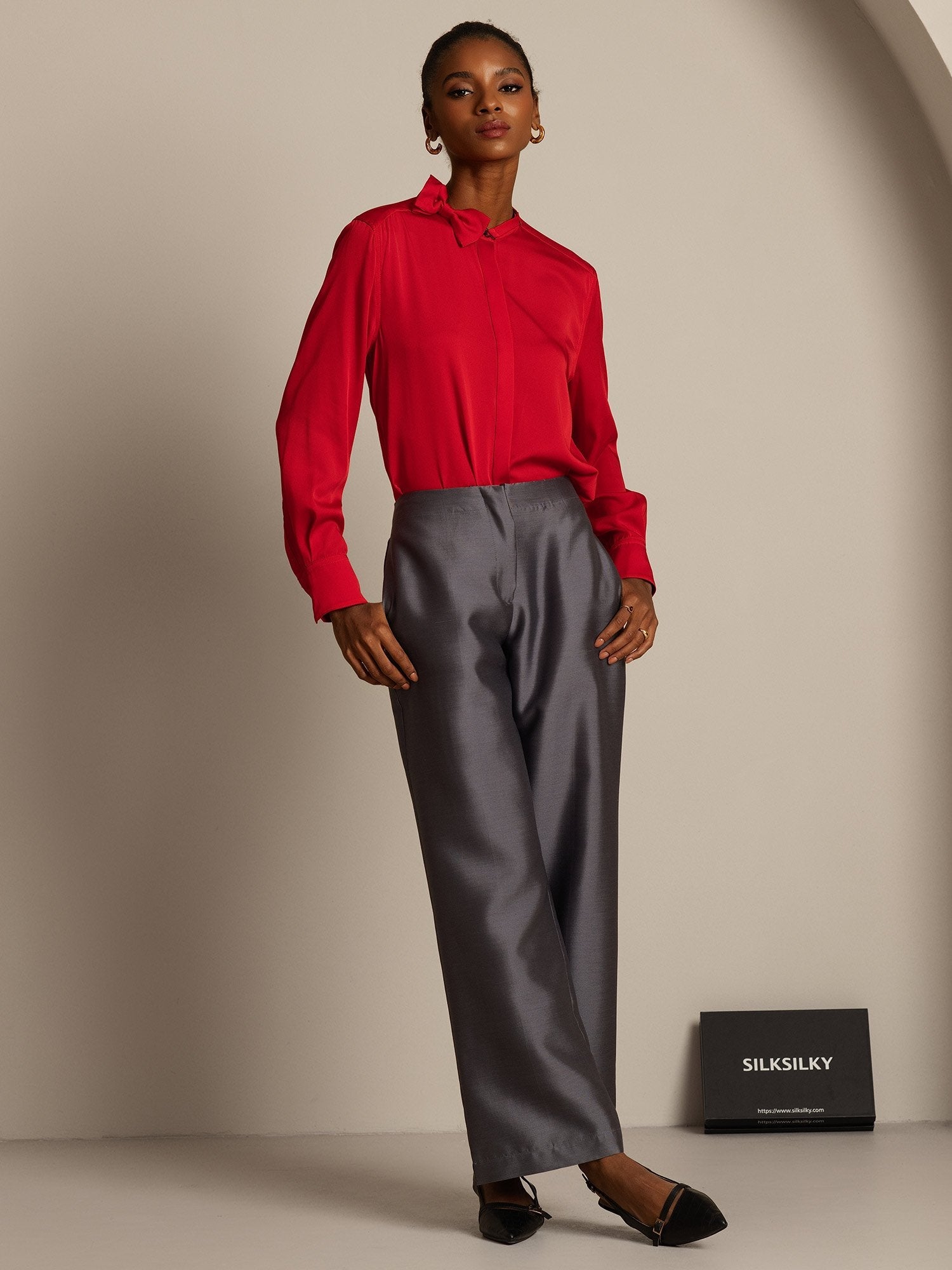 [Gray] SilkSilky-CA 32Momme Silk-Wool Blend Womens Pants 007,