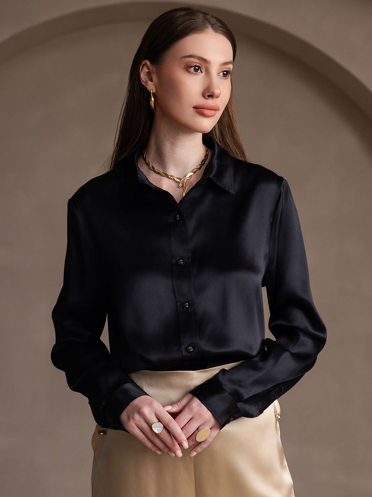 SilkSilky CA 19Momme Silk Long Sleeve Collar Women's Shirt Black 002