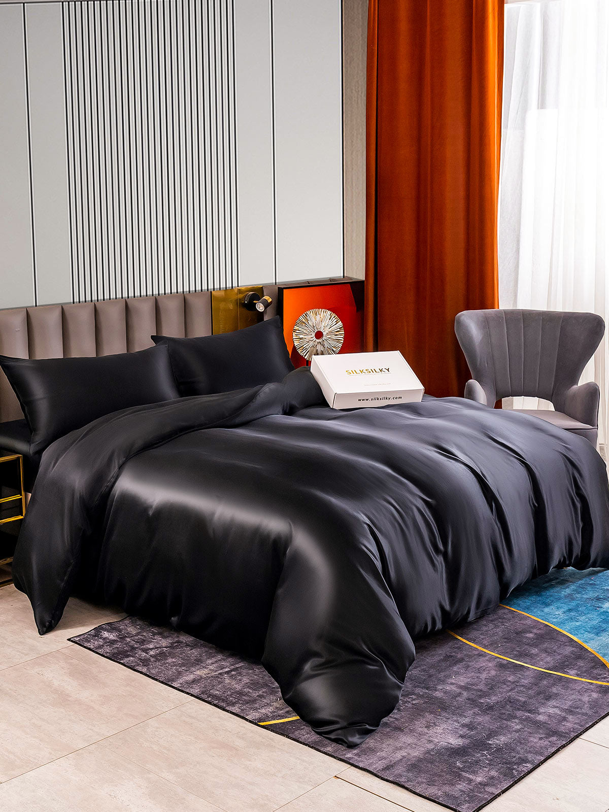 SilkSilky CA 22Momme Pure Silk Bedding Set Black 002