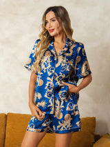 [Navy Dragon] SilkSilky-CA Short Sleeve Lapel Collar Women's Pajamas 001
