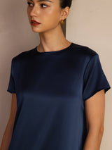 [Dark Blue] SilkSilky-CA Short Sleeve Round Neck Dress 004