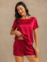 [Wine] SilkSilky-CA 19Momme Machine-Washable Silk Short Sleeve Round Neck Women's Pajamas 008