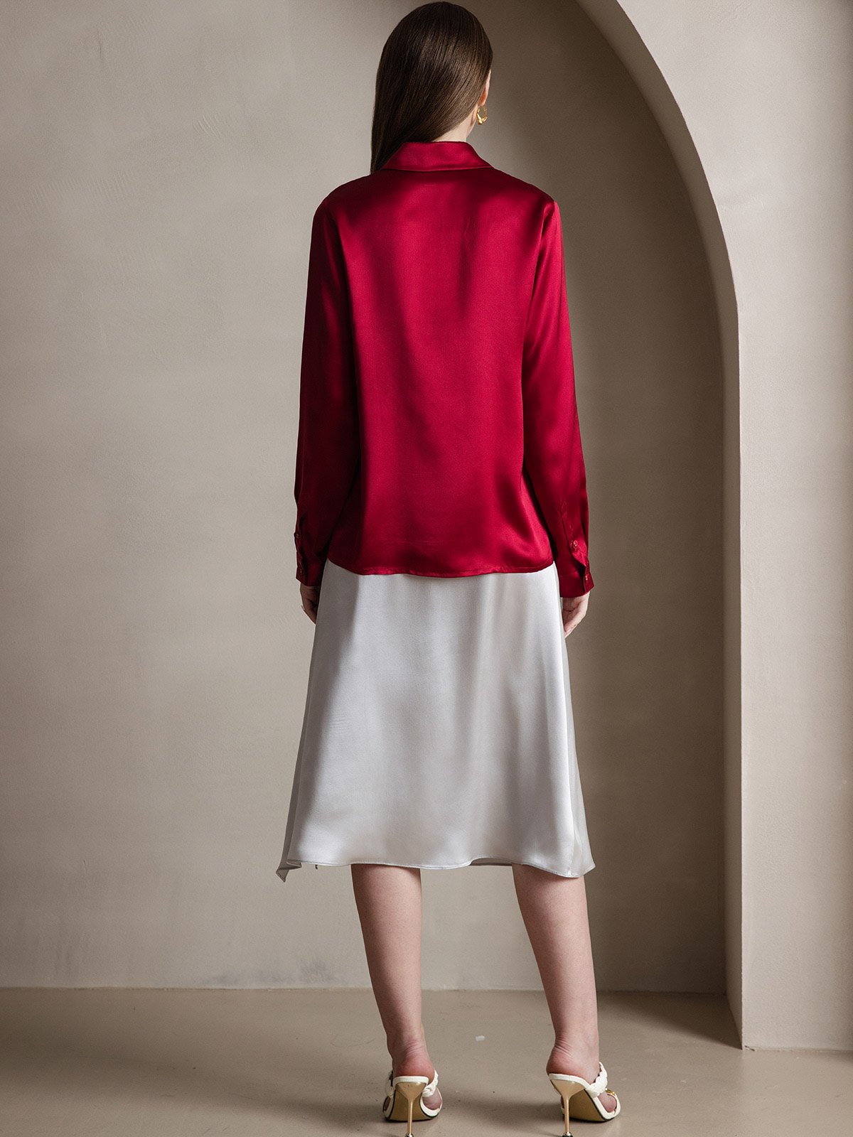 [Wine] SilkSilky-CA 19Momme Silk Long Sleeve Lapel Collar Women's Shirt 002