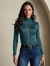 [Dark Green] SilkSilky-CA Silk Jersey Long Sleeve Turtle Neck Women's T-Shirt 001