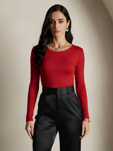 [Wine] SilkSilky-CA Silk Jersey Long Sleeve Round Neck Women's T-Shirt 003