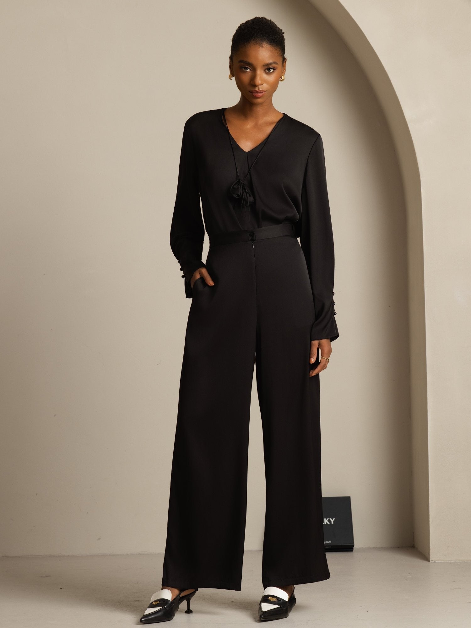 [Black] SilkSilky-CA 19Momme Stretch Silk Double Georgette Long Sleeve V Neck Blouse 007