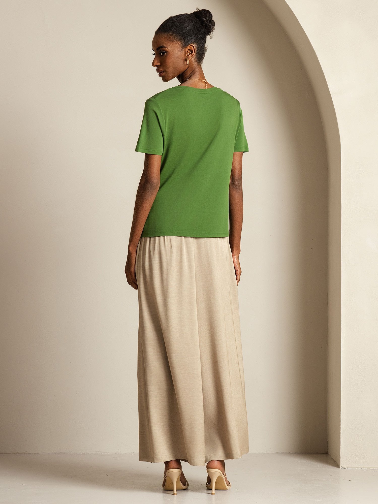 [Green] SilkSilky-CA Pure Silk V Neck Women's T-Shirt 002