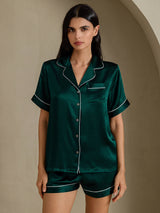 [Dark Green] SilkSilky-CA Short Sleeve Lapel Collar Women's Pajamas 003