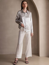 [Light Gray] SilkSilky-CA 19Momme Stretch Silk Charmeuse Long Sleeve Lapel Collar Women's Shirt 006