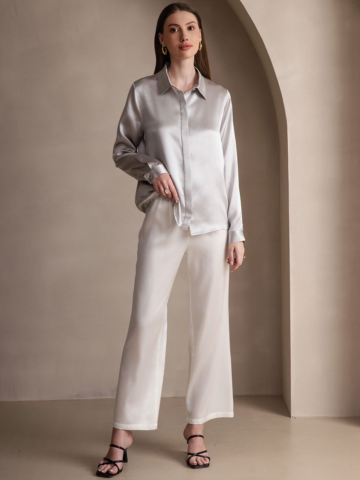 [Light Gray] SilkSilky-CA 19Momme Silk Long Sleeve Lapel Collar Women's Shirt 006