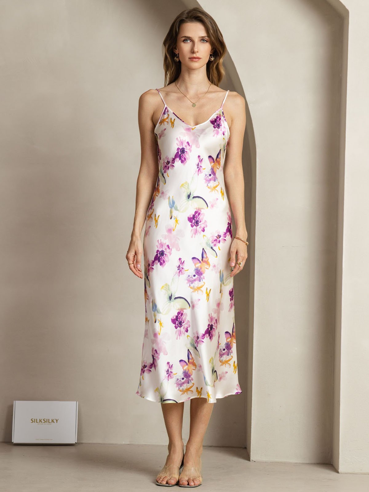 [Watercolor Floral] SilkSilky-CA 19Momme Silk V Neck Dress 001