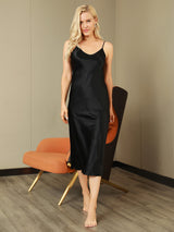 [Black] SilkSilky-CA Spaghetti Strap V Neck Nightgown 006