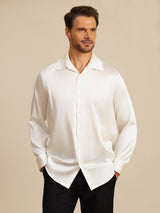 [White] SilkSilky-CA 19Momme Stretch Silk Charmeuse Long Sleeve Lapel Collar Men's Shirt 003