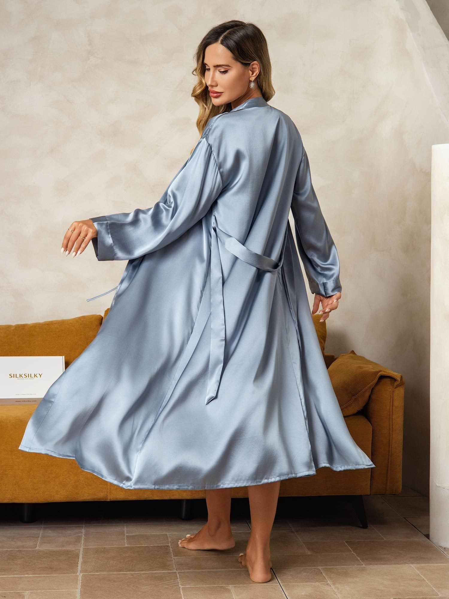[Grayish Blue] SilkSilky-CA Pure Silk V Neck Nightgown&Robe Set 003