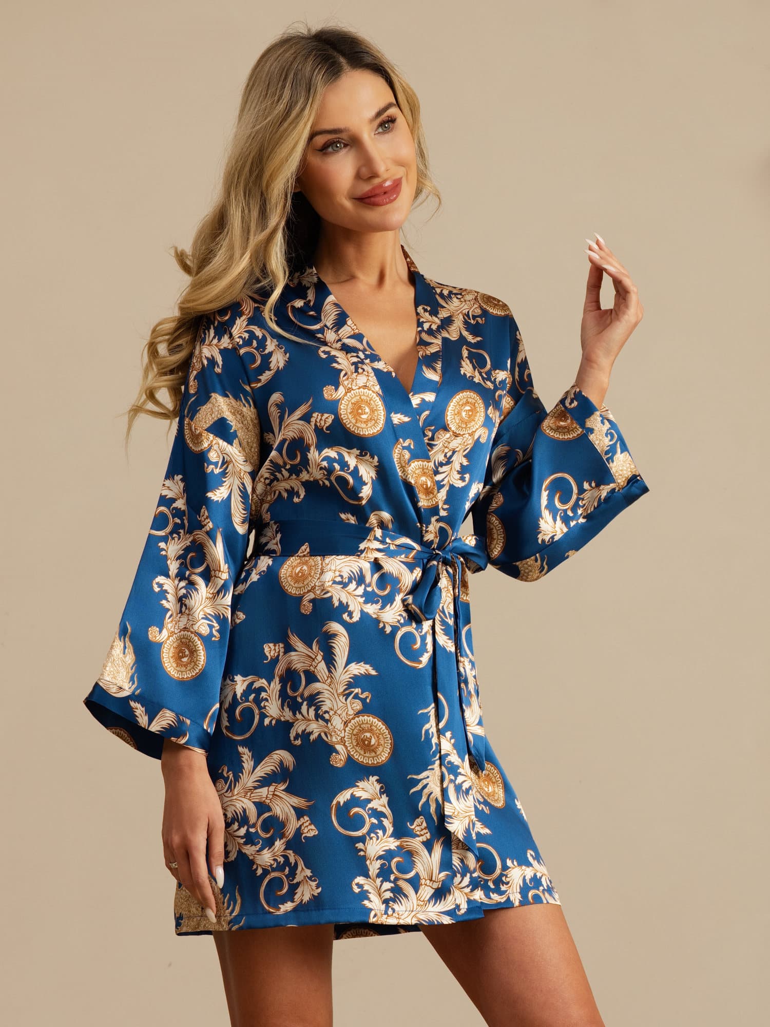 [Navy Dragon] SilkSilky-CA 3/4 Sleeve V Neck Women's Robe 007