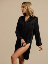 [Black] SilkSilky-CA Long Sleeve Lapel Collar Nightshirt 003