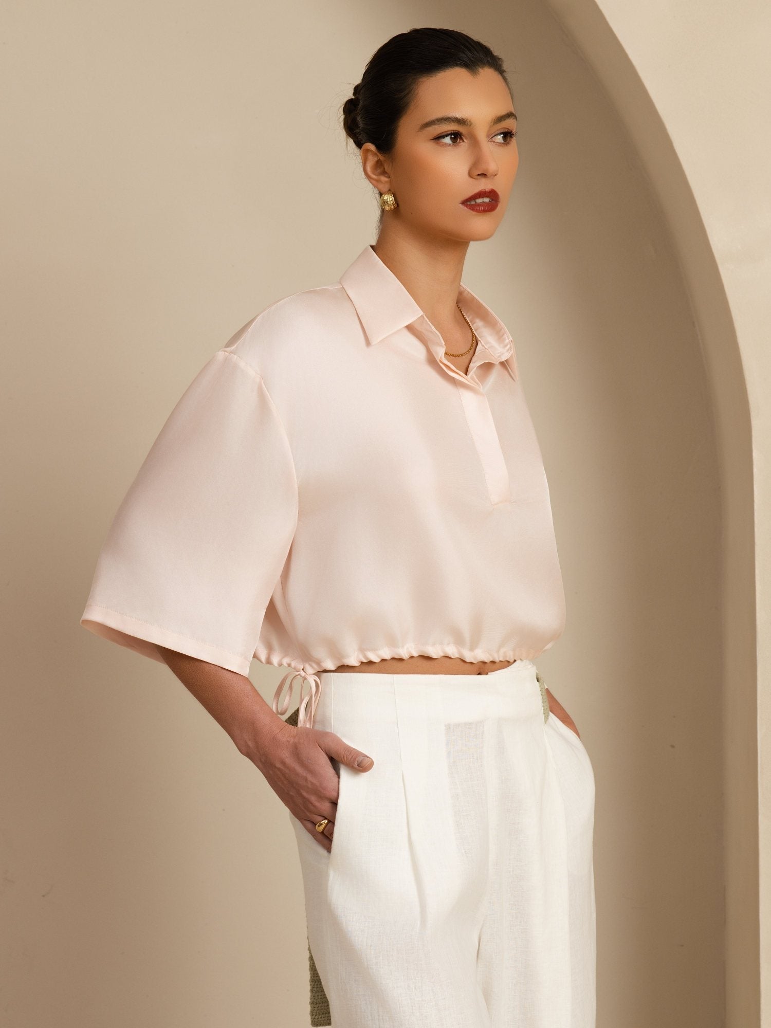 [Pink] SilkSilky-CA 18Momme Silk Satin Surah Half Sleeve Lapel Collar Blouse 004