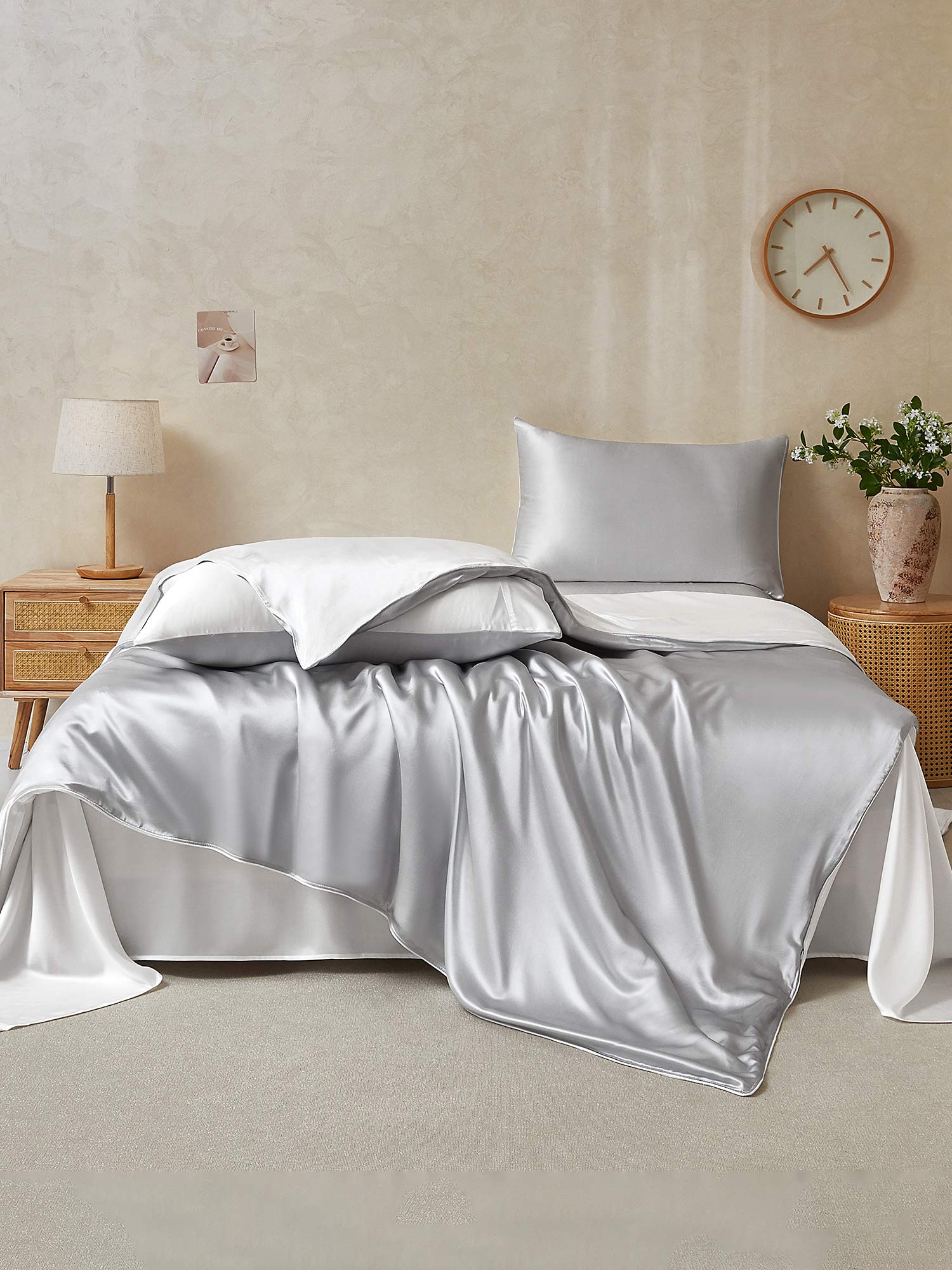 [LightGray+White] SilkSilky-CA 22Momme Pure Silk Bedding Set 002,