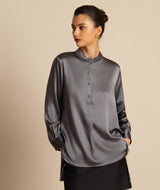 [Dark Gray] SilkSilky-CA 19Momme Stretch Silk Charmeuse Long Sleeve Stand Collar Blouse 003