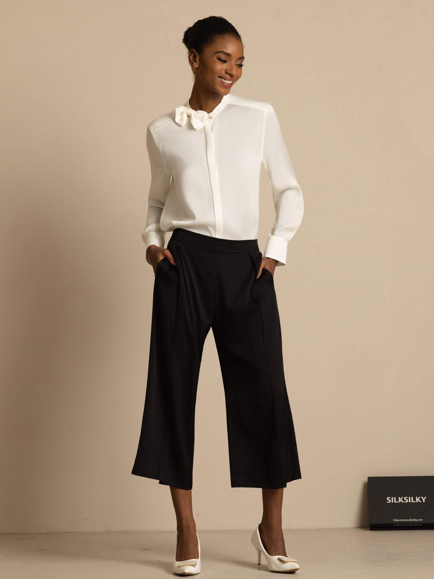 [White] SilkSilky-CA 19Momme Stretch Silk Double Georgette Long Sleeve Collar Blouse 007