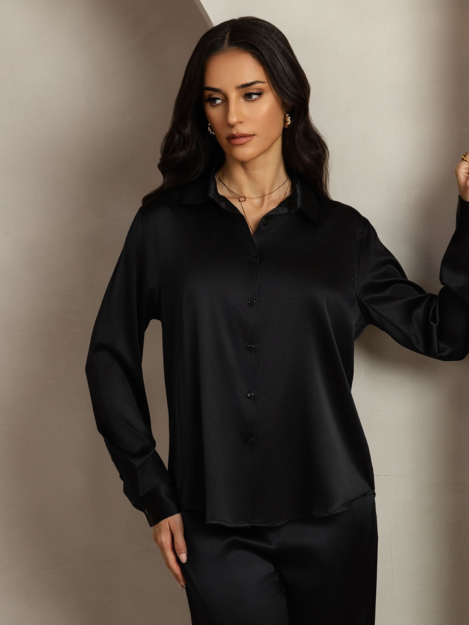 [Black] SilkSilky-CA 19Momme Silk Lapel Collar Women''s Outfit Sets 005