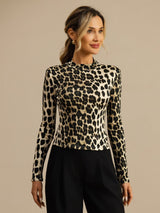 [Leopard] SilkSilky-CA 100% Silk Jersey Long Sleeve Mock Neck Women's T-Shirt 001