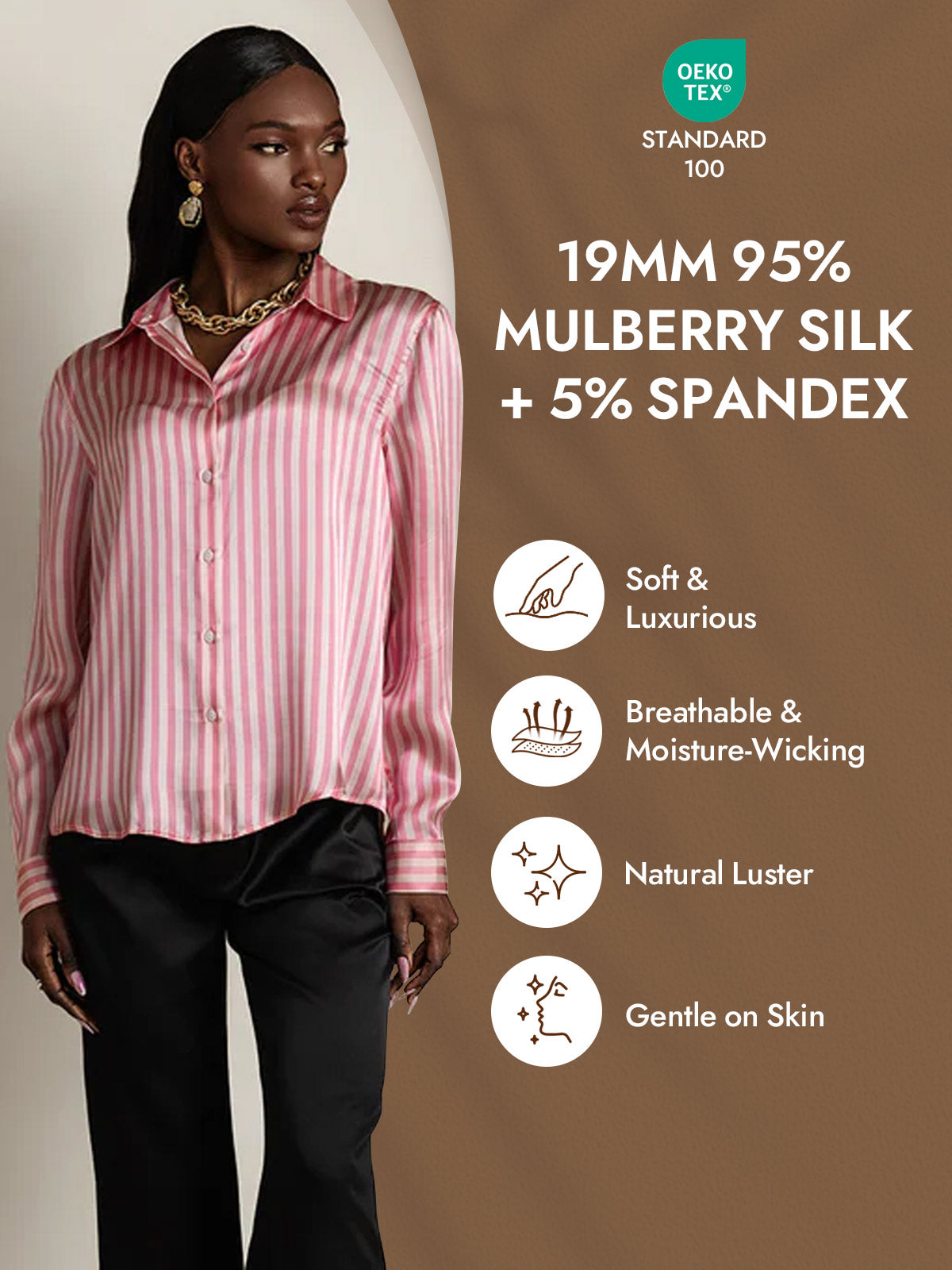 [Pink Stripe] SilkSilky-CA Silk Long Sleeve Lapel Collar Women's Shirt 004