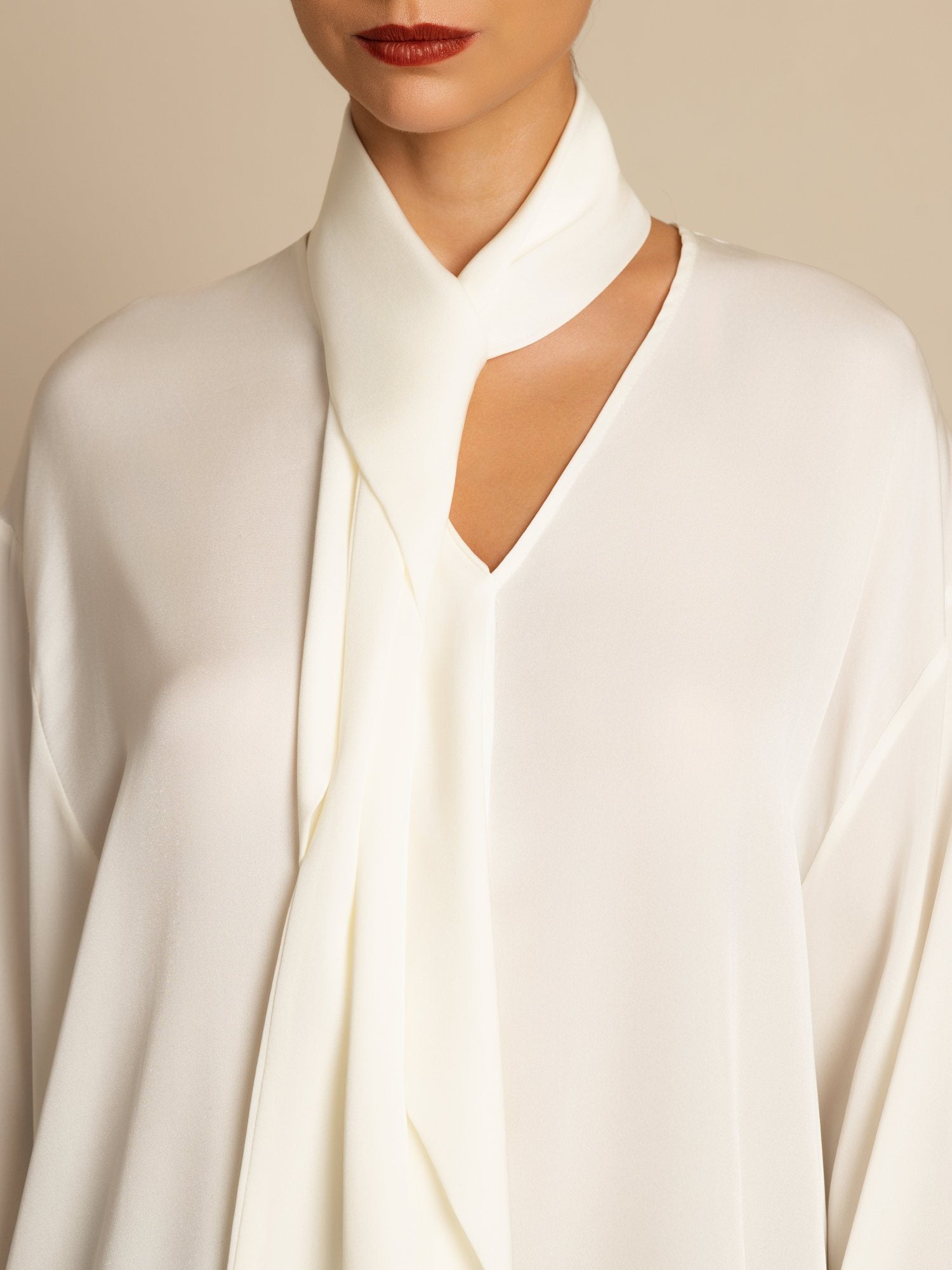 [White] SilkSilky-CA 19Momme Stretch Silk Double Georgette Long Sleeve V Neck Blouse 005