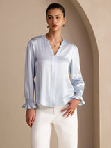 [Sky Blue] SilkSilky-CA Long Sleeve Split Women's Blouse 001