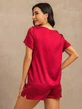 [Wine] SilkSilky-CA 19Momme Machine-Washable Silk Short Sleeve Round Neck Women's Pajamas 002