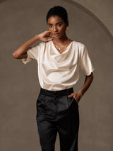 [Beige] SilkSilky-CA Short Sleeve Cowl Neck Women's Blouse 004