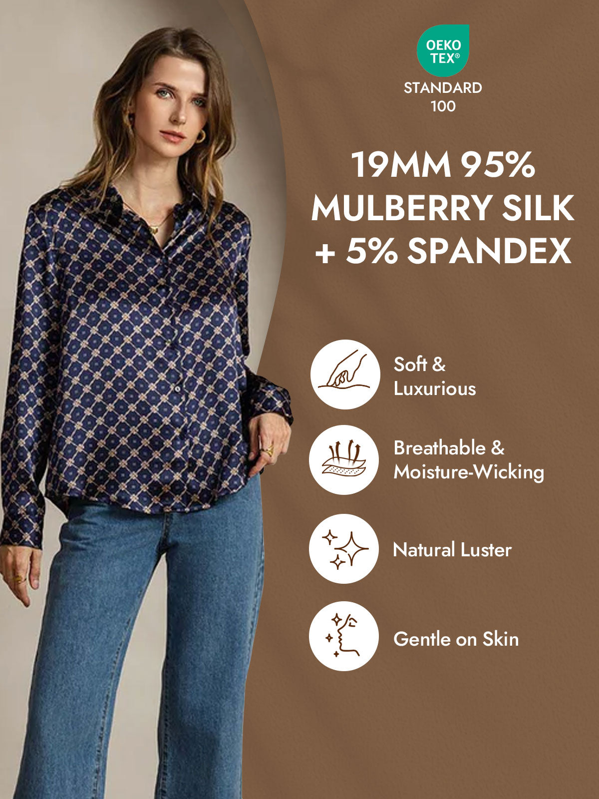[Navy Chain] SilkSilky-CA Silk Long Sleeve Lapel Collar Women's Shirt 004