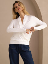 [White] SilkSilky-CA Long Sleeve Wrap Women's Blouse 003