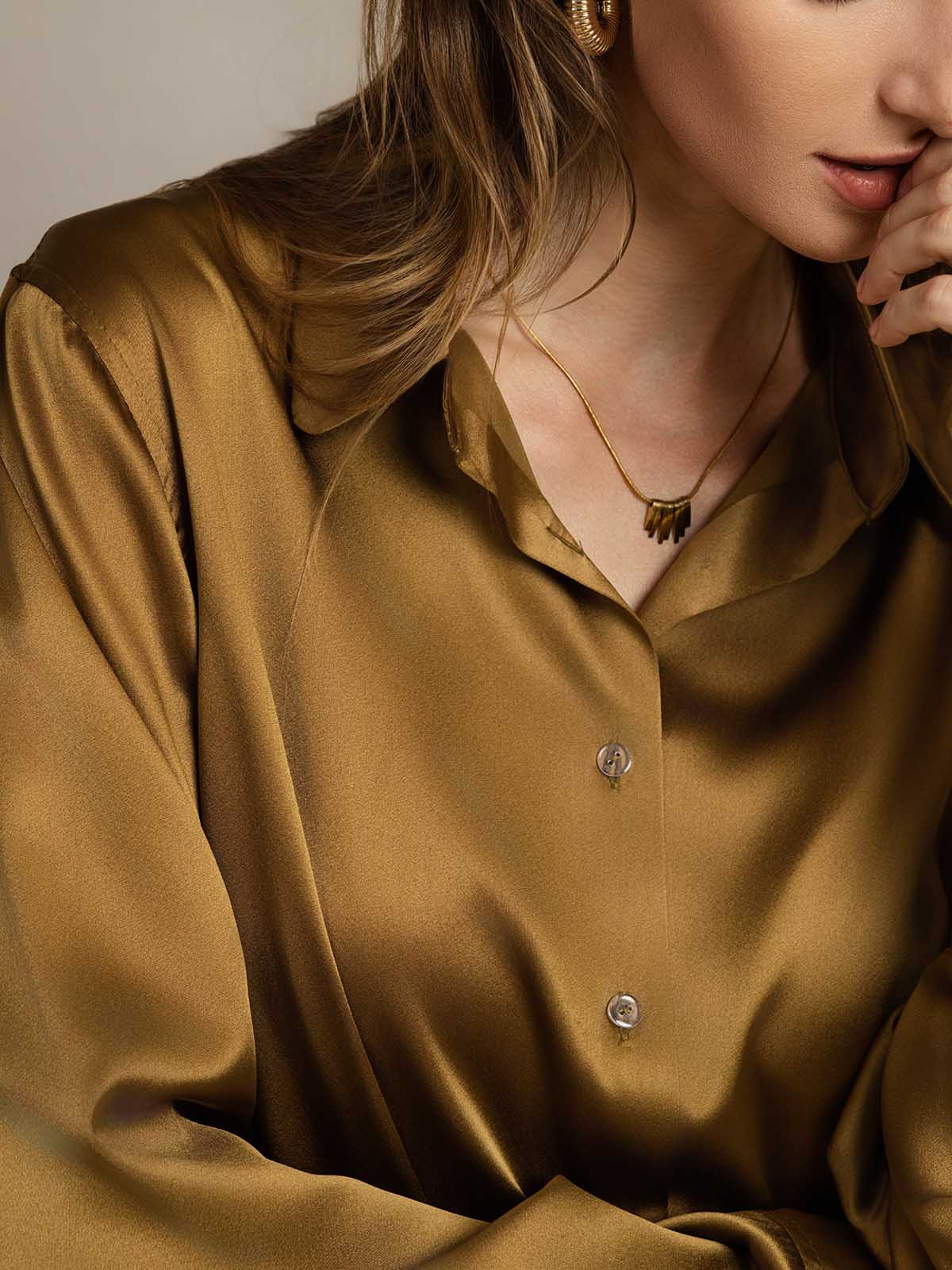 [Bronze] SilkSilky-CA Silk Long Sleeve Lapel Collar Women's Shirt 005